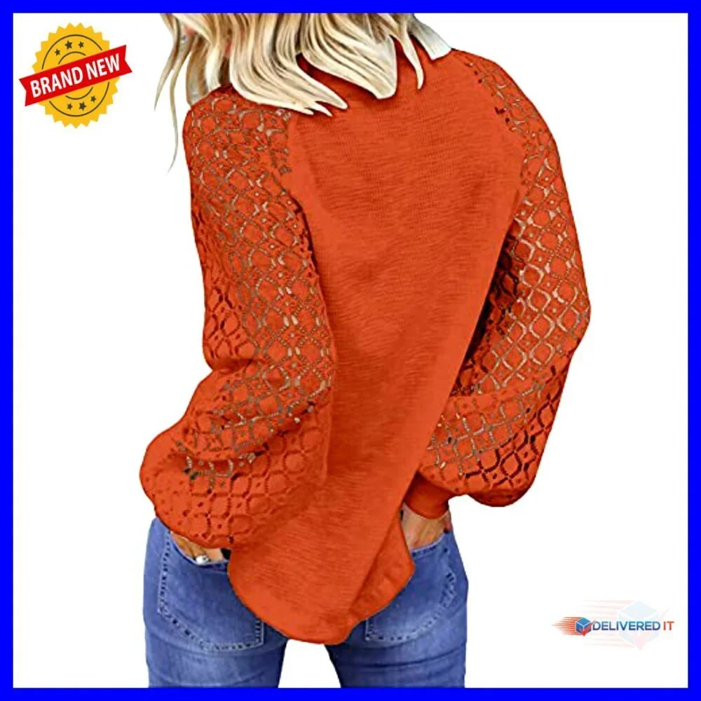 Lace Long Sleeve Blouse Balloon Sleeve Loose Fit Elegant Chic Casual Top - Picture 3 of 7